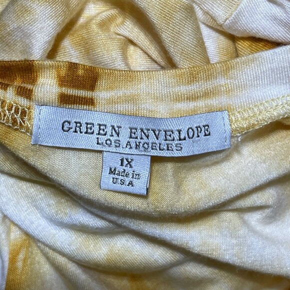 Green Envelope Knit Top Size 1X Yellow White Tie Dye Stretch - Picture 4 of 6